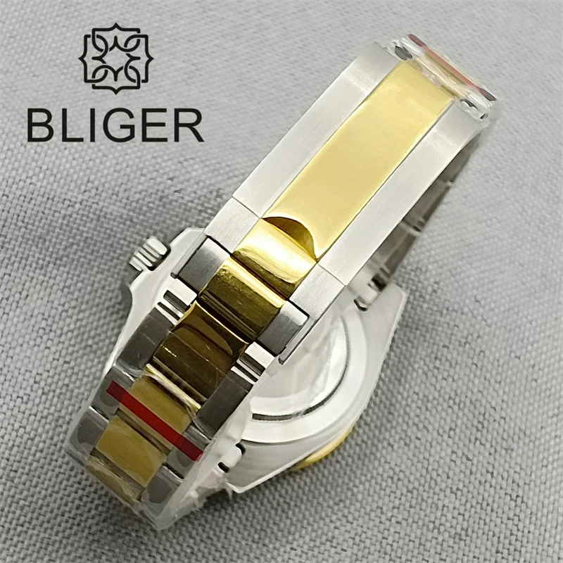 BLIGER Luxury Two-tone Rootbeer GMT Watch For Men NH34A Movement 40mm Yellow Gold Case Sapphire Glass Brown Dial Green Luminous