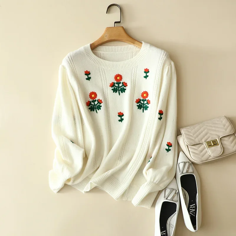 exquisite autumn winter bubble sleeve cashmere merino embroidery sweater