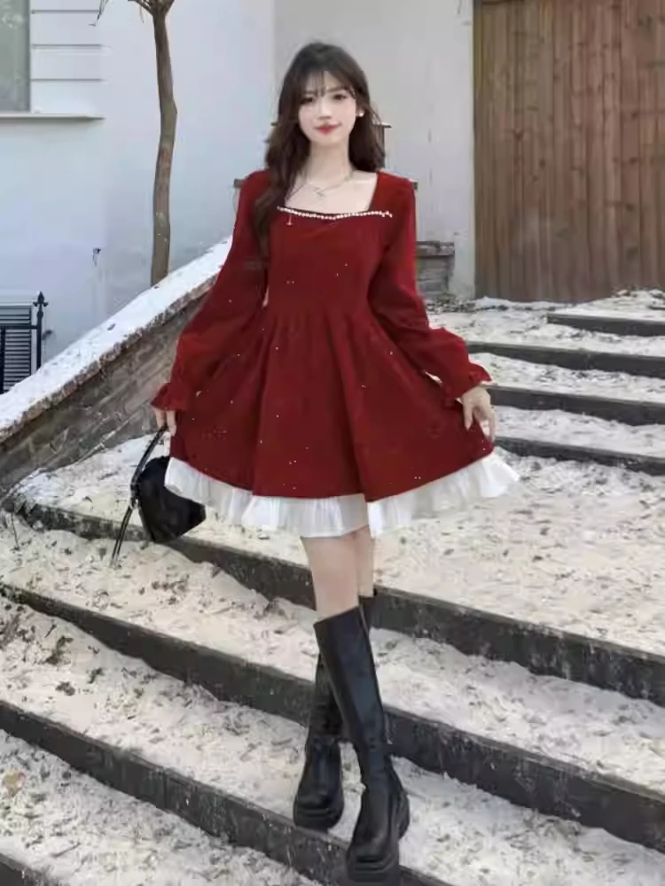 Large Sparkling New Year's Red Velvet Dress Women's Spring Autumn Style High End Annual Meeting Party Long And Short Vestidos