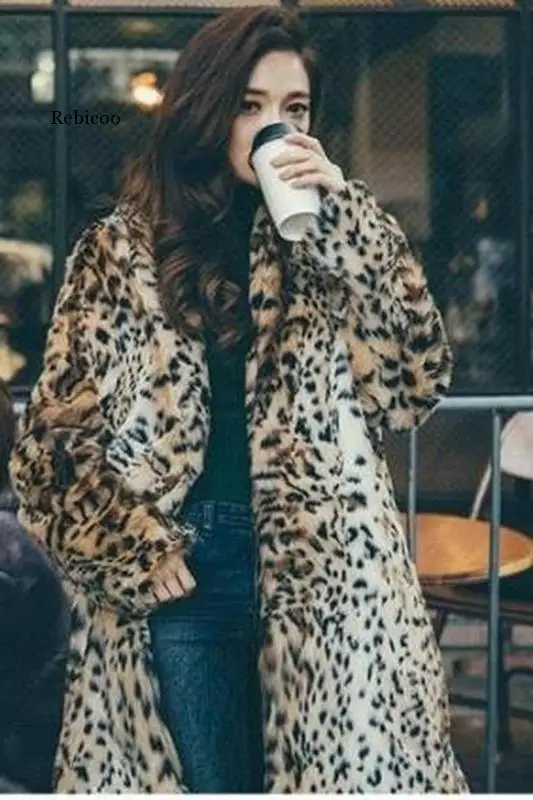 Winter Warme Dames Faux Fur Leopard Revers Kraag Mid Lange Oversize Uitloper Jas