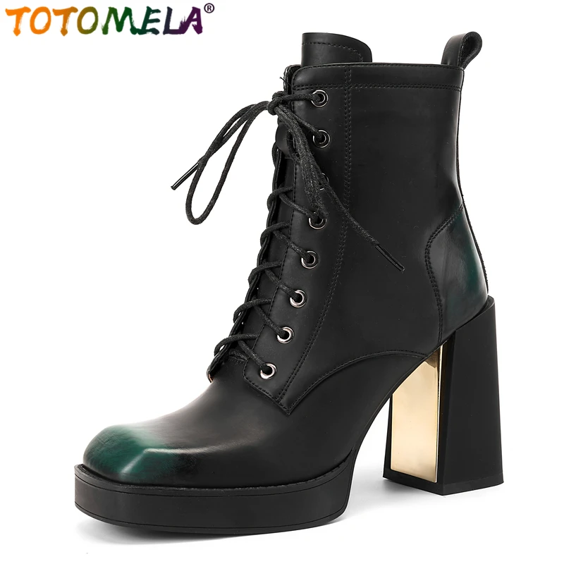 

TOTOMELA Genuine Leather Motorcycle Boots Women Lace Up Square Toe Chunky High Heels Retro Ankle Boots Retro Shoes