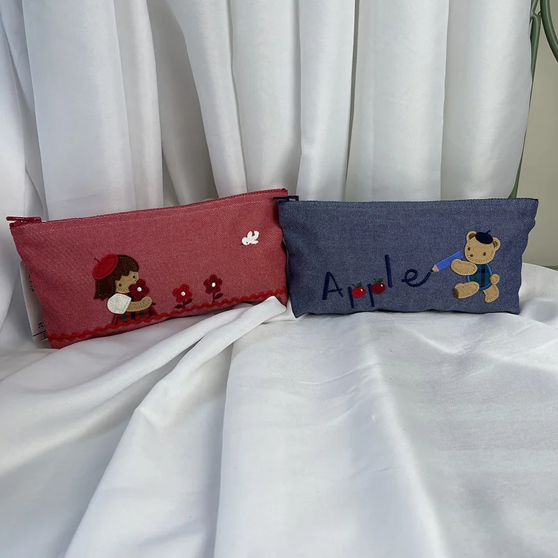 Familiar Girl Cute Cartoon Embroidery Obedient Pattern Denim Pencil Case Storage Makeup Handbag Holiday Birthday Gift