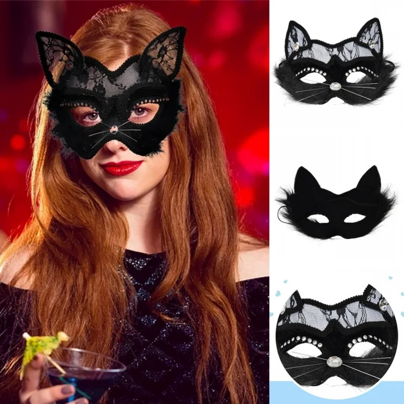 Maschera per gatti sexy in pizzo nero Maschera per occhi in maschera veneziana Festa di Natale Cosplay Copricapo per ragazze da donna Maschera fantasia di Halloween