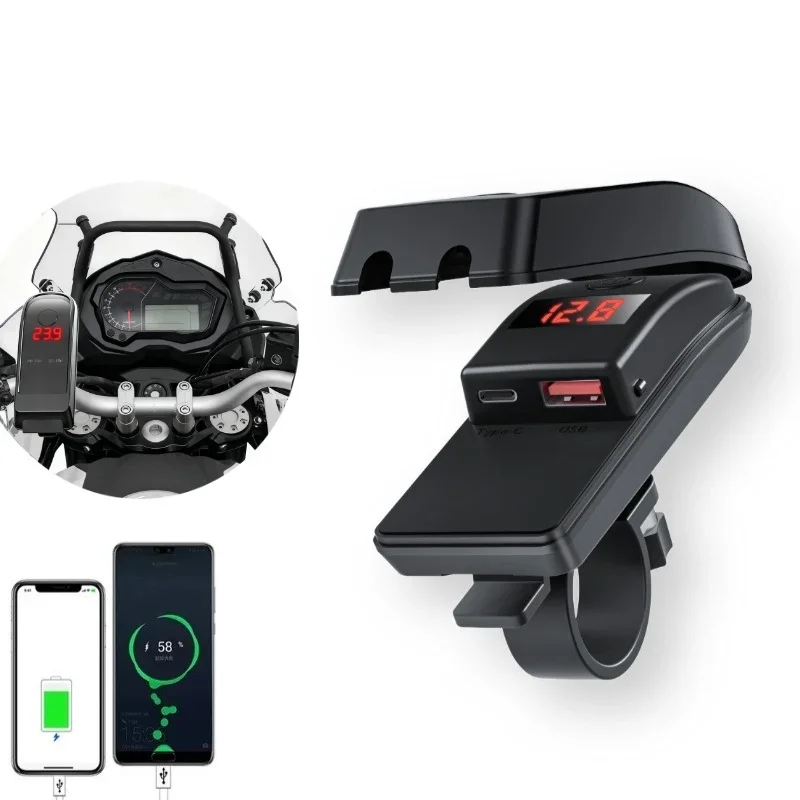 Motorcycle USB Fast Charger Waterproof 12V PD USB-C & QC 3.0 Power Outlet Socket with Switch Voltmeter Moto Phone Charger 2