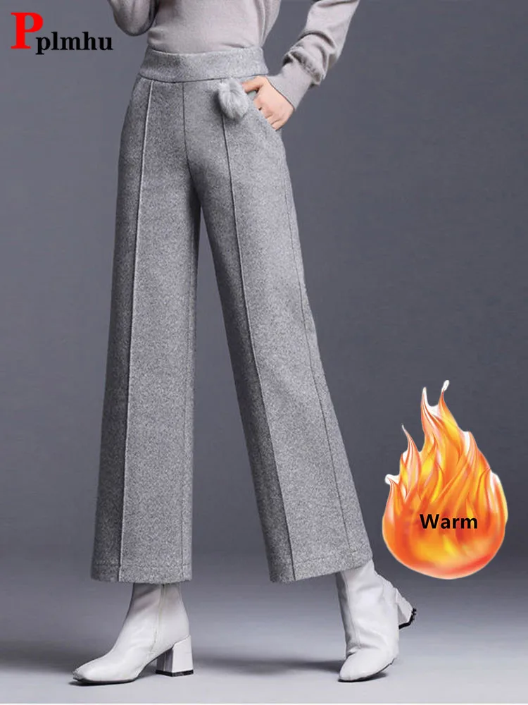 Elegant Woolen Blend Wide Leg Pants Office Lady High Waist Straight Pantalones Autumn Winter Ankle Length Big Size 4xl Trousers