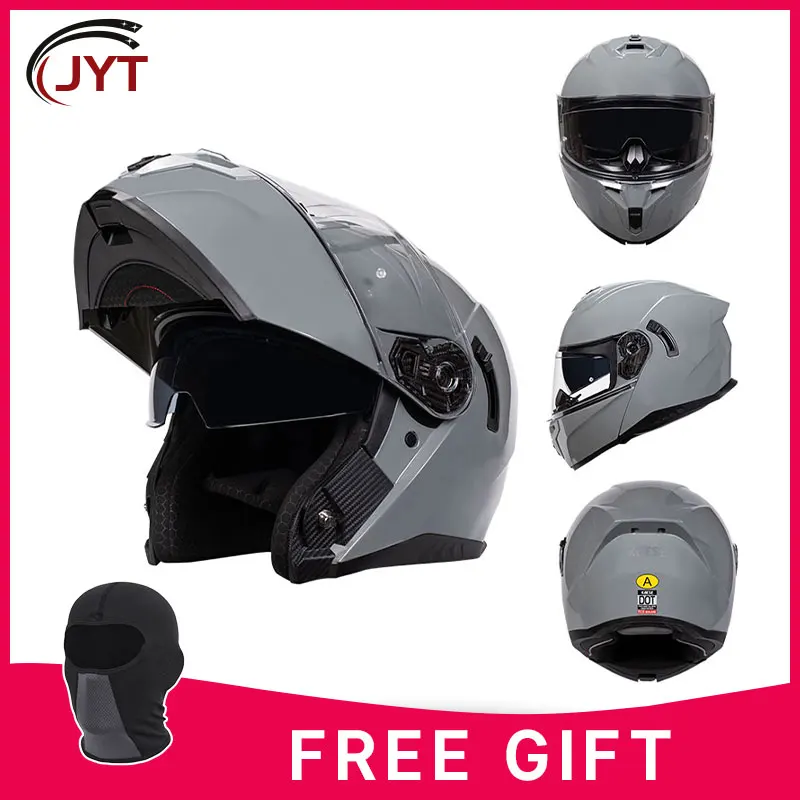 

JYT Newest Cement Grey Full Face Helmet Dual Lens Flip Up Motorcycle Helmets Motocross Racing Modular Helmet