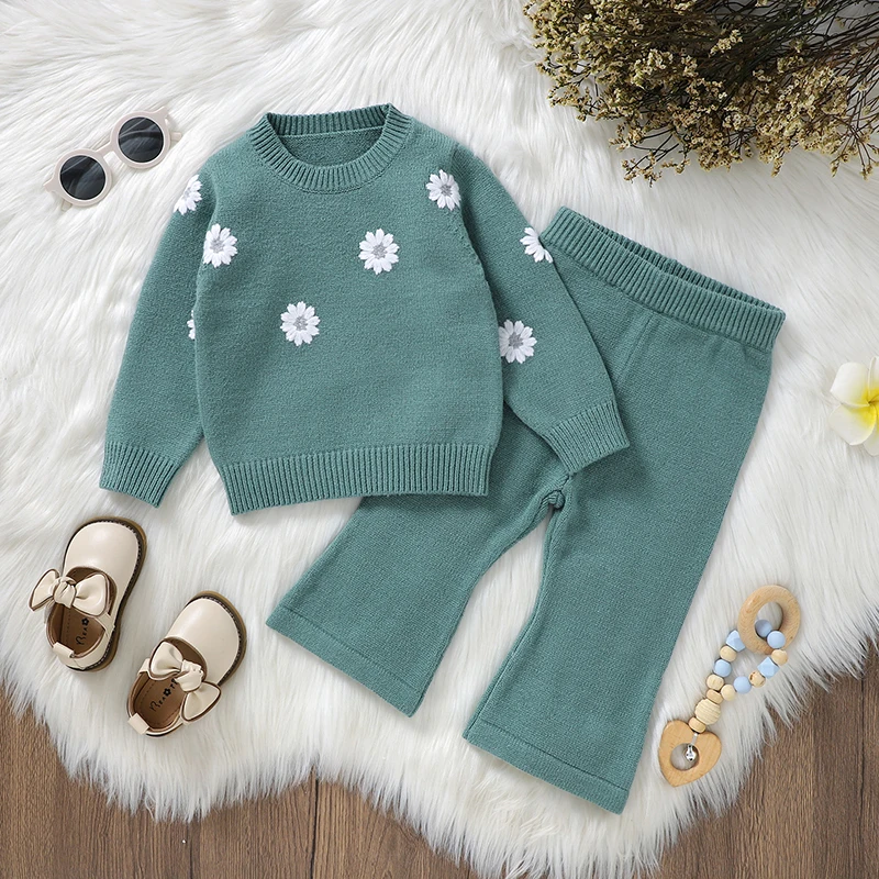 Baby Clothes Sets Knitted Infant Girls Long Sleeve Pullover +Pants Autumn Newborn Sweater +Trousers Fashion Embroidered Flowers