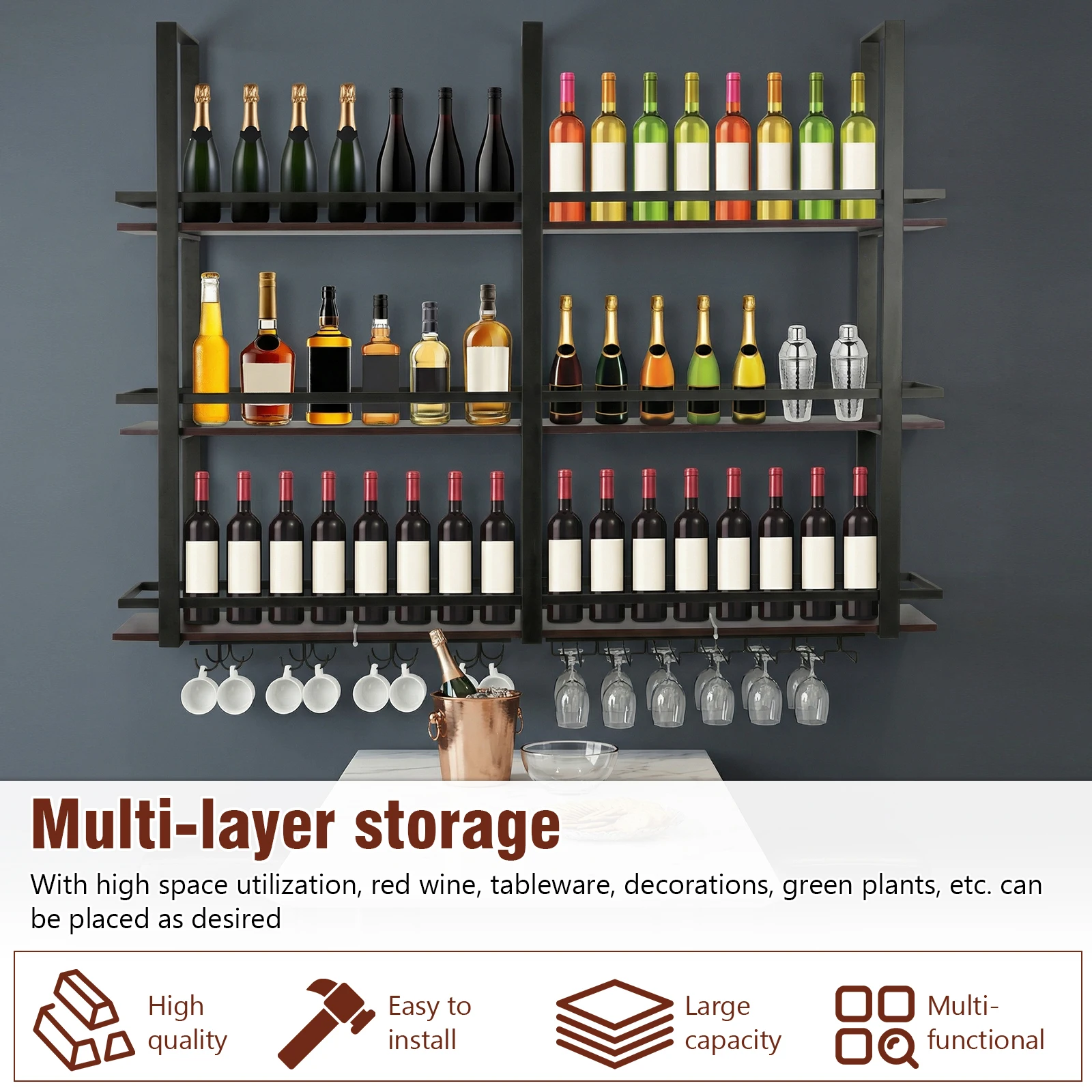 

3 Tier Wall Mounted Liquor Bottles Floating Shelves Metal Hanging with Glass Holder for Home Kitchen Dining Room Coffee Shop