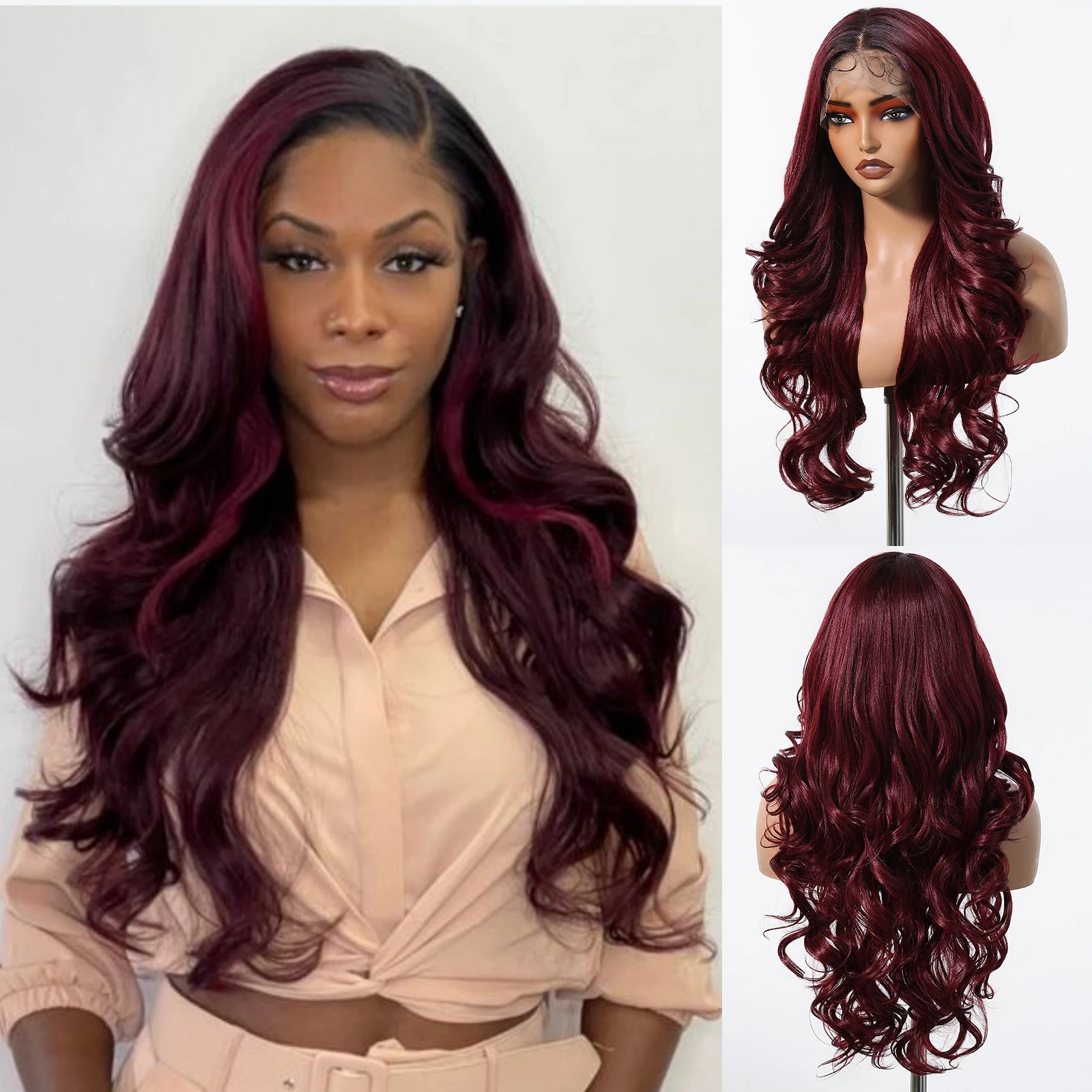 Brazilian 13*6 Lace Frontal Synthetic Wigs Burgundy Hair Long Body Wave Wig Heat Resistant Wig with Baby Hair Party Daily Use