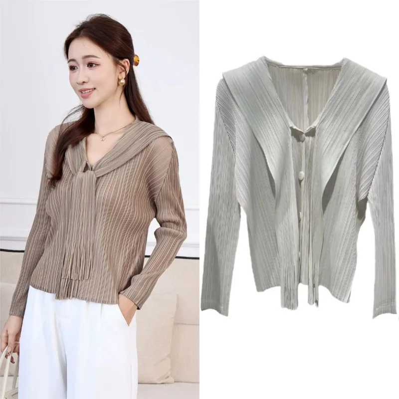 Miyake Pleated Shirt Plisse Women 2026 Autumn New Tassel Cardigan Large V-Neck Back Tassel Design Pleats Jacket Women Clothing