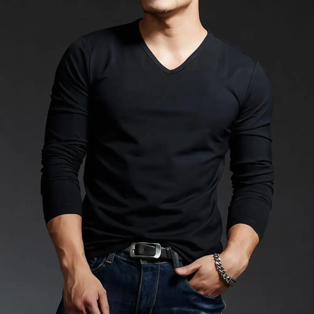 Mens Casual V Neck Long Sleeve T Shirt Slim Fit Base Layer Dark Gray Pullover Tops Breathable Stretchy Undershirt