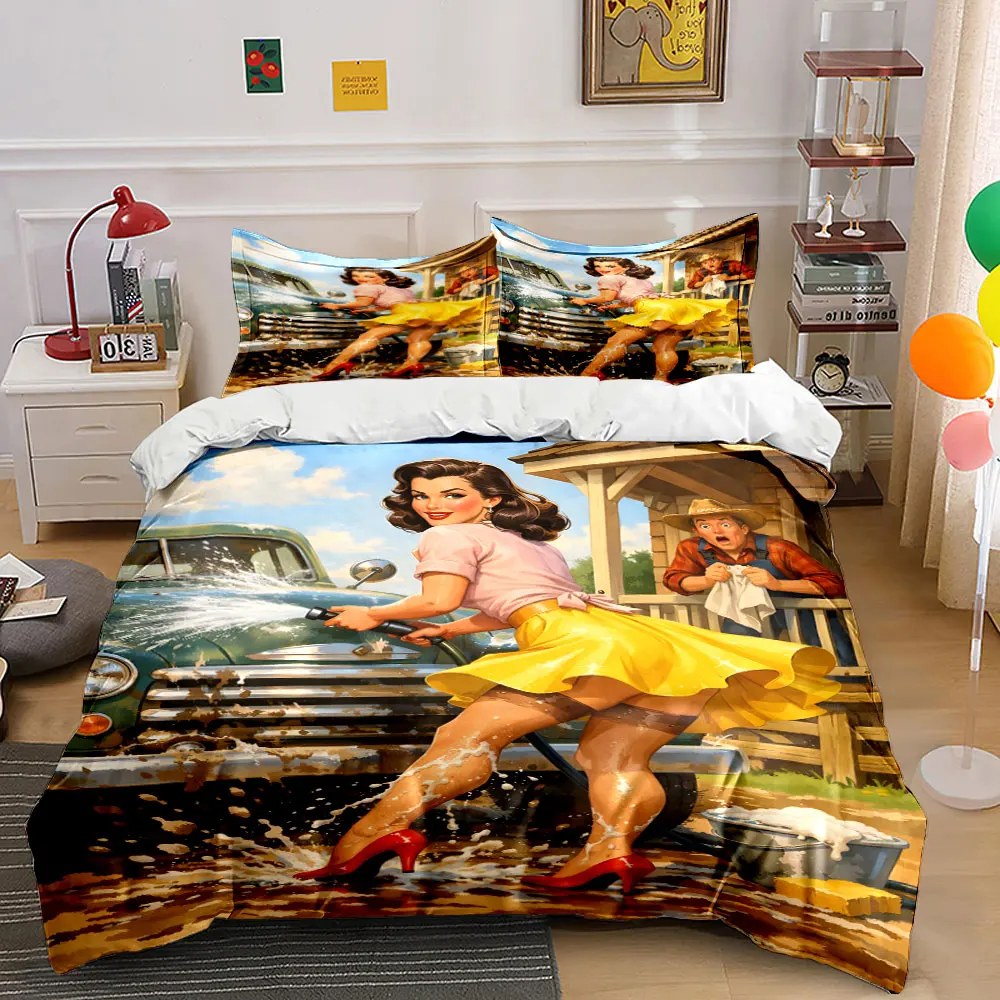 Retro-style car wash scene Print Bedding Set 1 Duvet Cover 2 Pillowcases for Adult and Children Luxury Gift Full Size