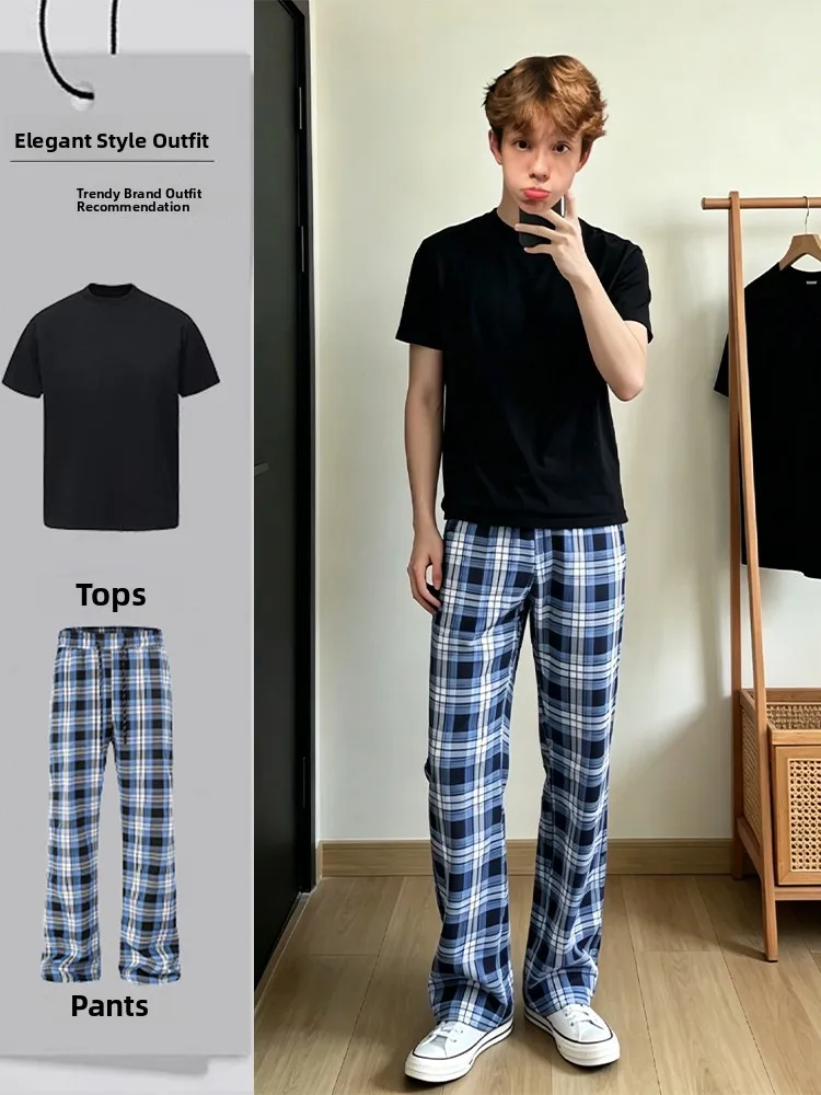

Cleanfit Blue Men's Slim Fit Micro Flare Plaid Pants Summer Fashion Set Thin Straight Leg Sport Casual Trousers