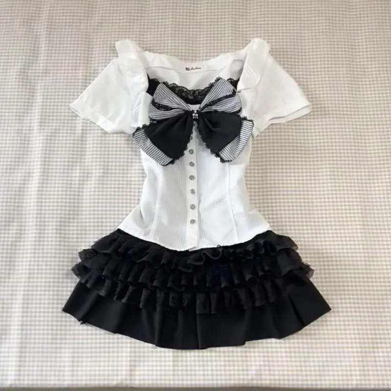 Vintage Gothic Aesthetic Bow Top Sling Mini Skirt Set Women Punk Y2k Single Breasted Shirts Sexy Slim Cake Skirt Two Piece Sets