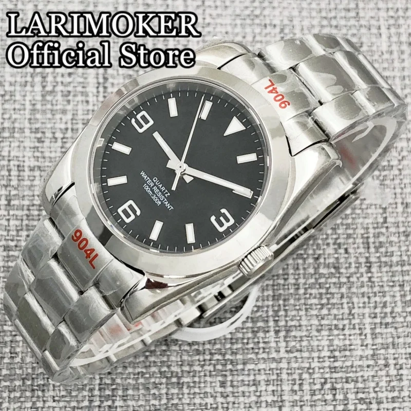 LARIMOKER Jam Tangan Hitam 36Mm/39Mm dengan Dial Kaca Safir Pria Bercahaya Hijau RONDA 515 Gerakan Kuarsa Jam Tangan Tahan Air 10Bar