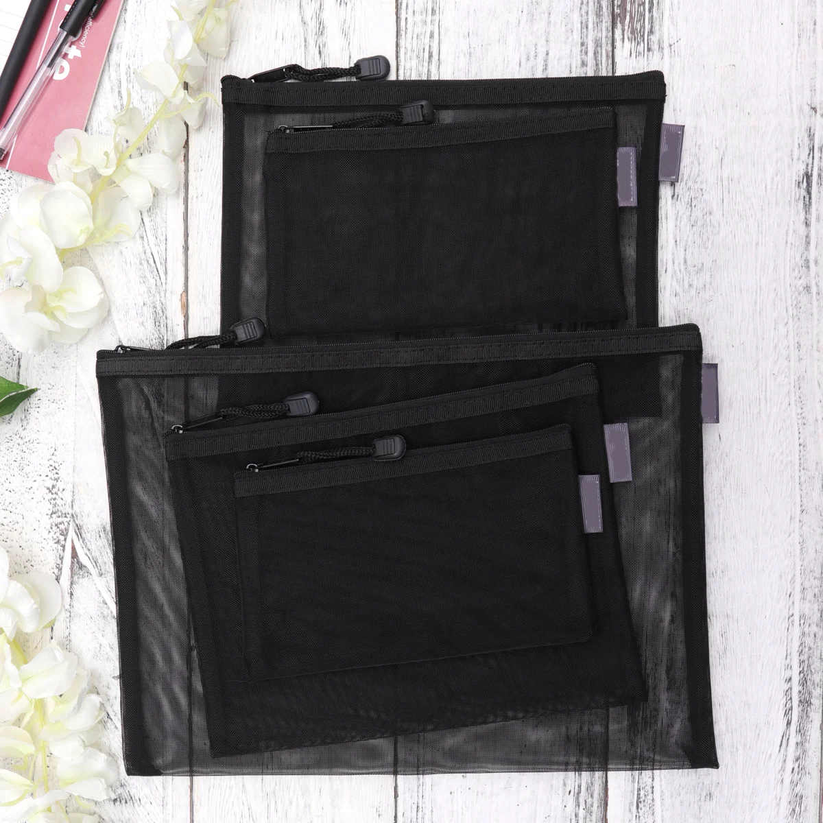 Borsa per documenti da 5 pezzi Custodia per cancelleria portatile con cerniera in rete trasparente nera per organizer per documenti scolastici per ufficio