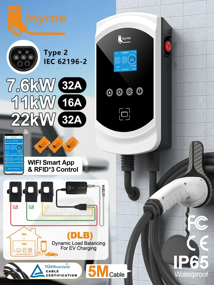 Feyree Type2 32A 7,6KW 1P Dynamisch Load Balancing Model EV-lader 11kW/22kW 3P EVSE Wallbox Smart WiFi APP Functie voor elektrische auto's - afbeelding 2
