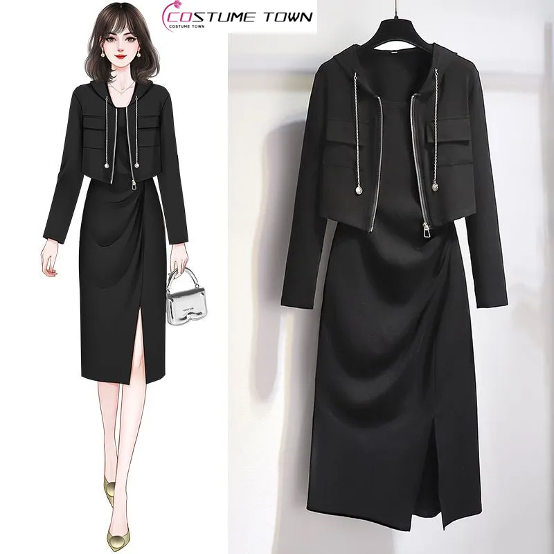 Long Sleeved Casual Spring and Autumn Dress Set New Women\'s Slim Fit and Slimming Jacket+two Piece Suspender Dress Set