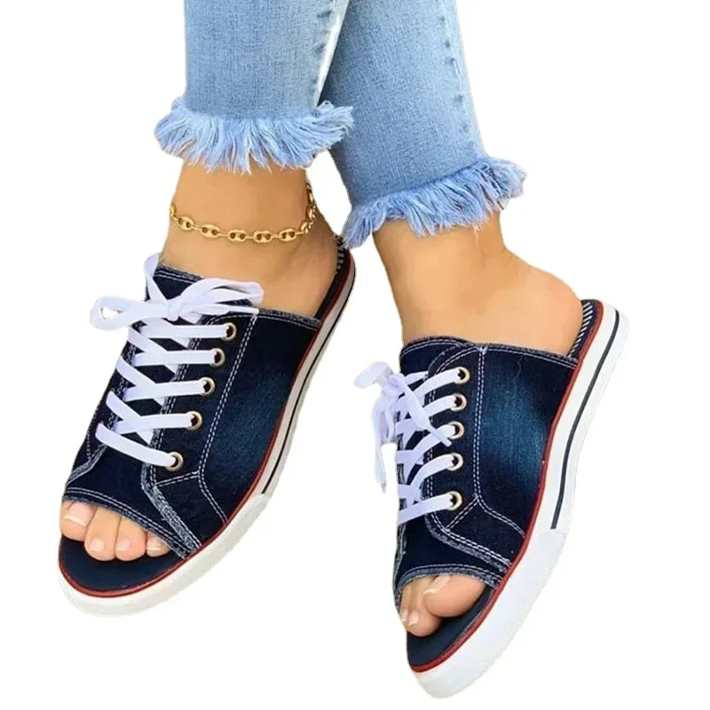 Pantofole da donna in tela con lacci aperti nuove scarpe da spiaggia in Denim moda donna Casual a fondo piatto