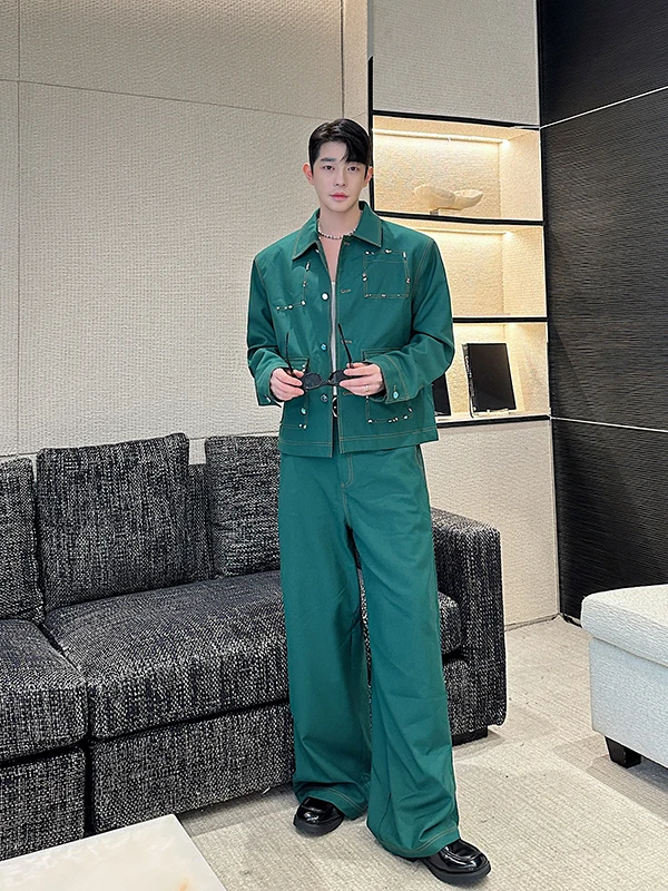  Handmade Gemstone Jaet Set for Men with Collar Design Loose Fit Two-Piece Faionable Autumn Collection