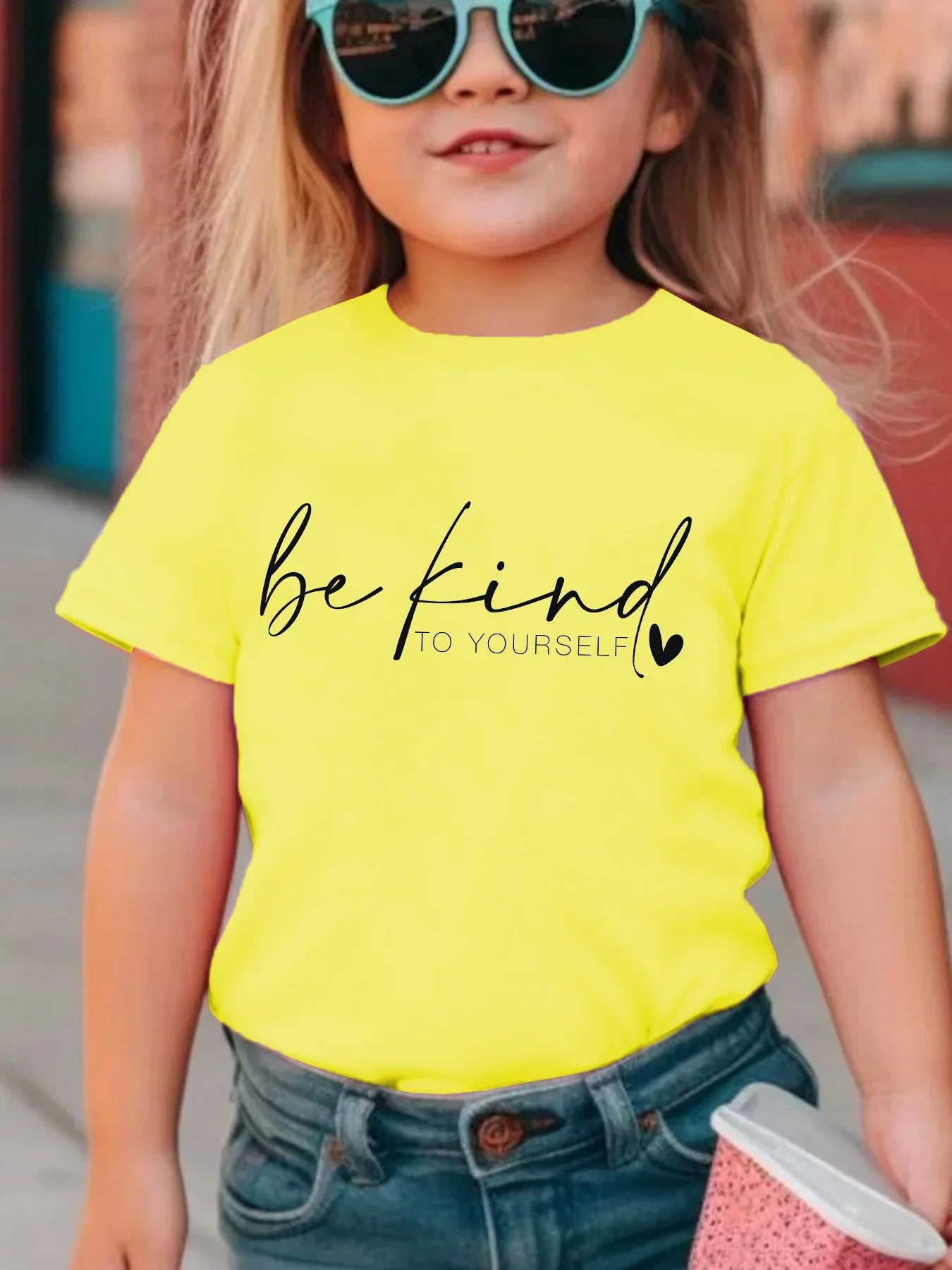 Girls Be Kind To Yourself Graphic T Shirt Cursive Letter Small Heart Print Short Sleeve Kids Inspirational Casual Top