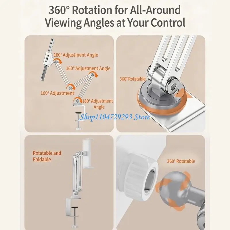 4 Axises Multiple Adjustable Stand with Foldable Clamp Mount and 360° Swivels for Tablets Smartphones Aluminum Construction