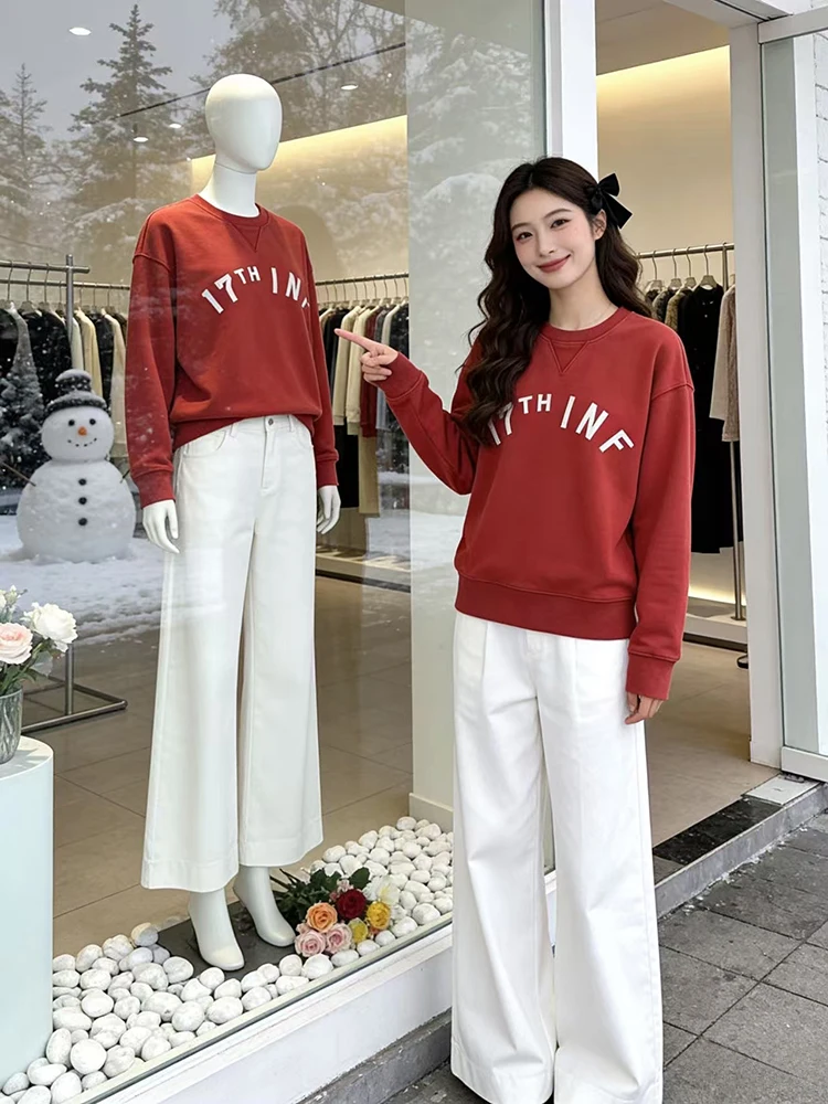 

Trendy round Ne Hoodie Women's Spring Autumn Korean Sle Letter Print Versatile Top Loose Fit Long Sve Casual Wear