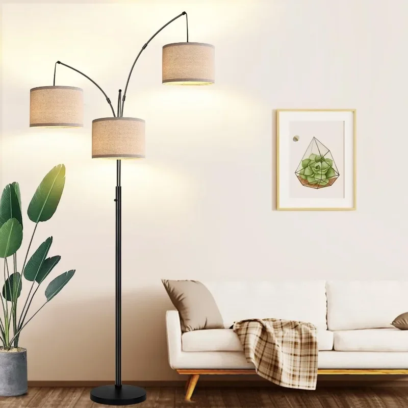 

3 Lights Arc Floor Lamps for Living Room, 1000LM Modern Tall Standing Lamp With Beige Shades & Heavy Base, 3 LED Bulbs Include