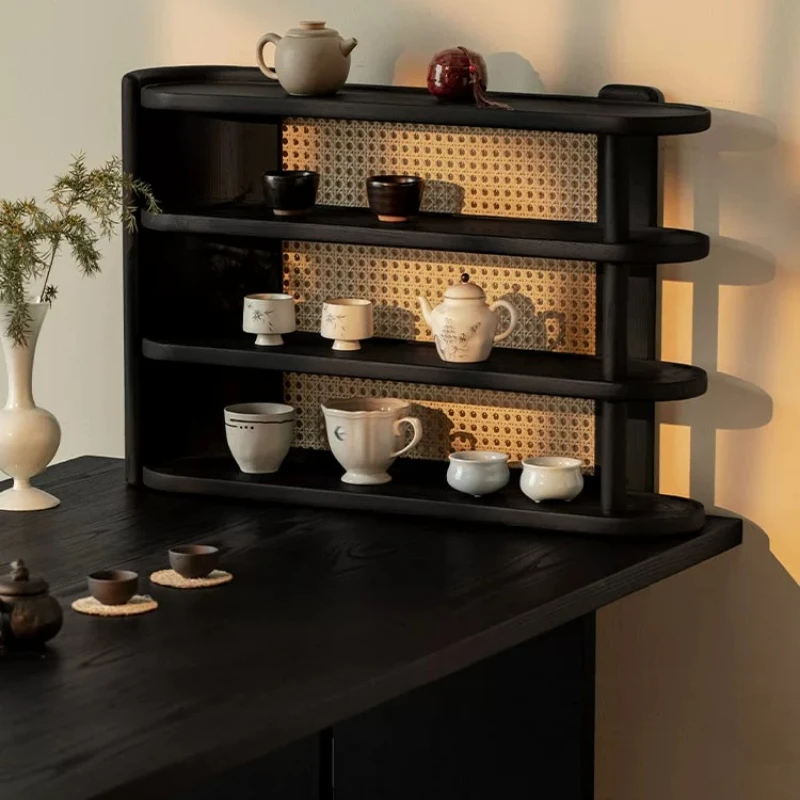 Furniture, empty rattan cup holder, desktop height-increasing storage rack, tea set display rack, black ash wood rattan rack.
