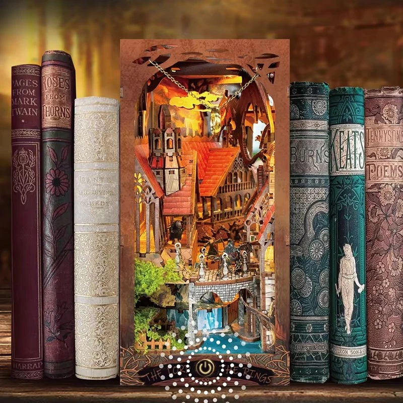 Retro Wooden DIY Book Nook Shelf Insert Miniature Kits The Magic Ring Bookshelf Home Bookend Decoration Adults Handmade Gifts