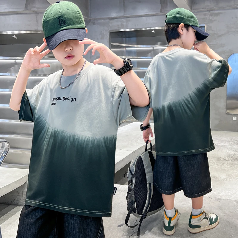 New Design Kids Summer Tie Dye T-shirt For Boys Casual Shorts Sleeve Cotton Tshirt Outfit Children Gradient Tee Tops Age 5-14Y