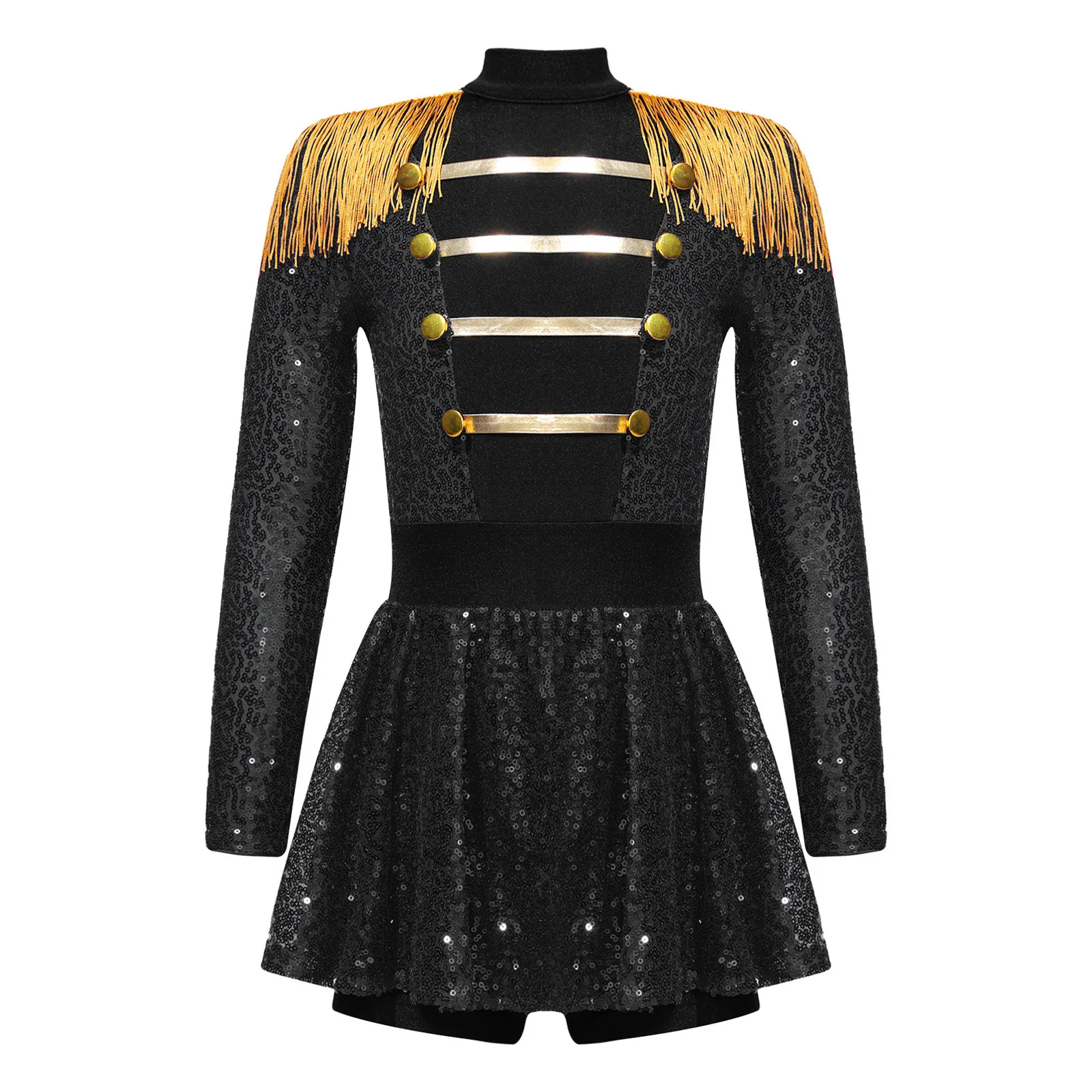 Circuskostuum voor meisjes Circusdirecteur Jumpsuit Glanzende pailletten Lange mouw Kwastje Epaulet Turnpakje Jurk voor Halloween Fancy Outfit