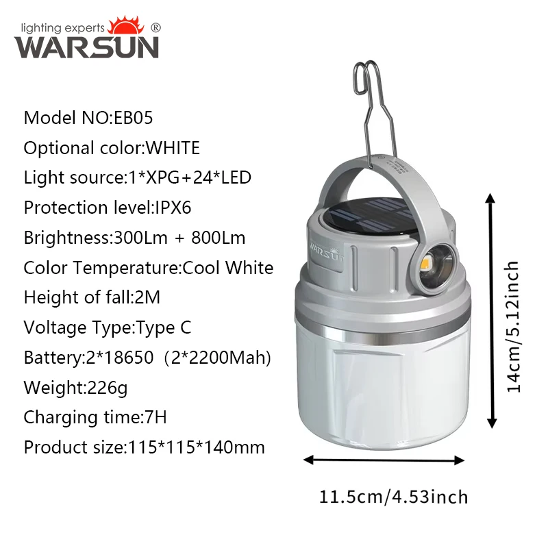 Warsun-recarregável LED Lâmpada Solar, 1100 Lumen, longa resistência, Poderosa Camping Luz, Esportes ao ar livre