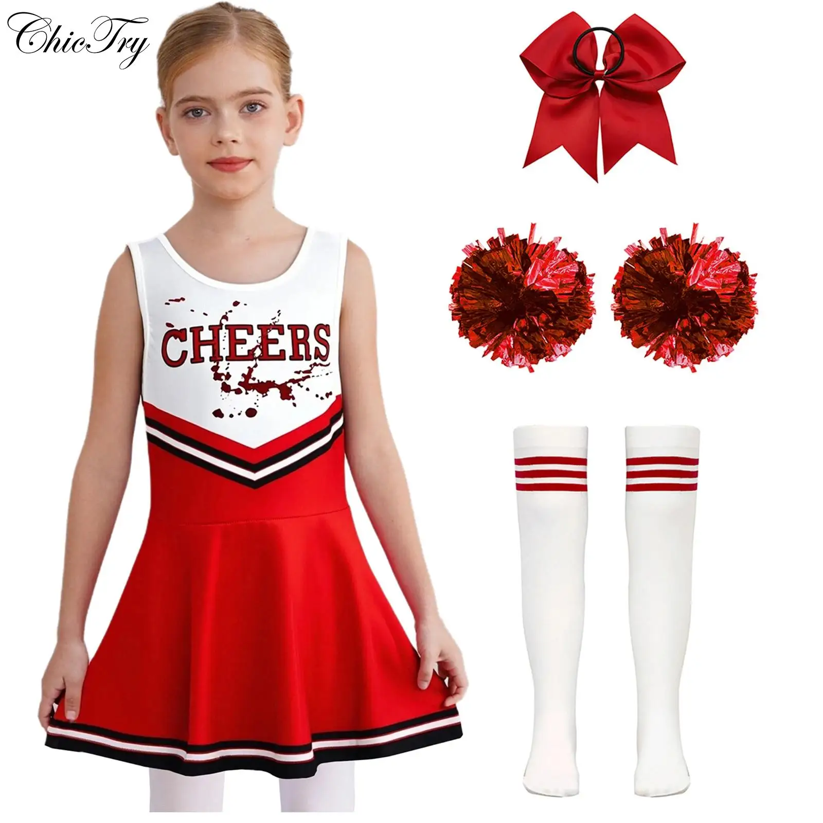 

Детский костюм лидера поддержки для девочек, танцевальная форма, платье черлидинга с буквенным принтом и резинкой для волос, полосатые носки с цветами на руках