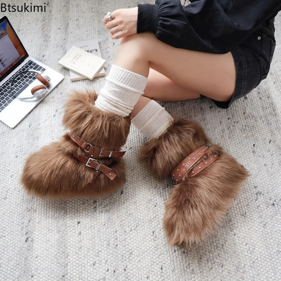 New Fluffy Faux Fur Mid Boot Round Toe Height Increasing Wild Winter Warmer Belt Buckle Slip-On Fashion Luxury Sexy Women Shoes