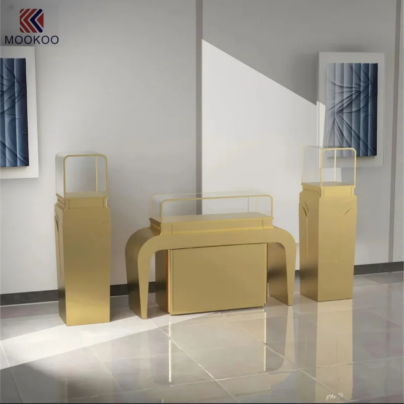 custom.Premium Curved-Metallic-Glass-Enclosed Jewelry Display Suite
