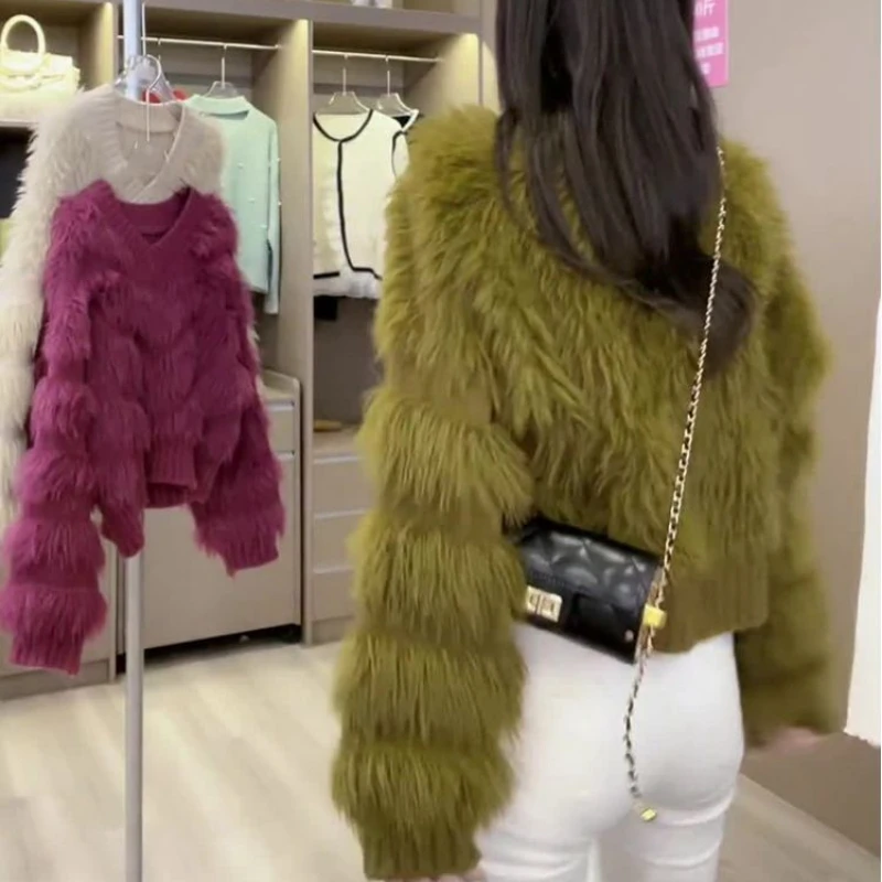 Fluffy Sweater Women Knitted Pullover Faux Mink Sweater Korean Fashion Loose Tops Kawaii Clothing Long Sleeve Y2k Clothes