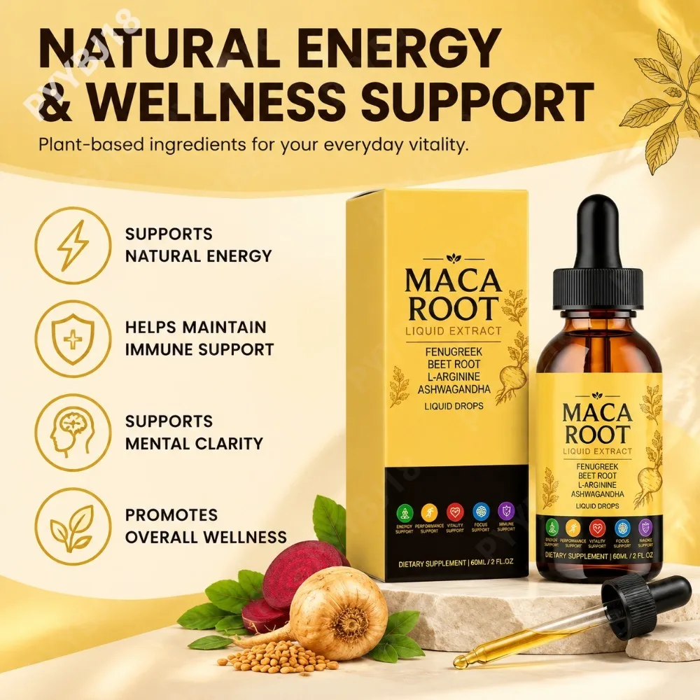 Maca Root Liquid Drops for Natural Energy Focus Clarity & Immune Support with Ashwagandha Fenugreek Beet Root & L-Arginine 60ML