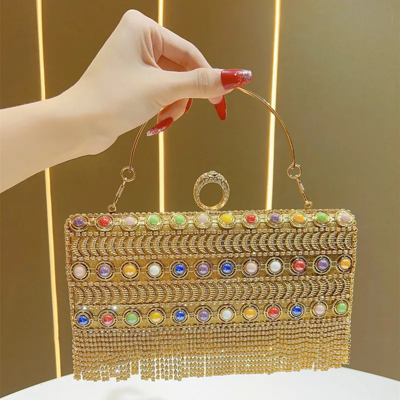 

2025 Luxury Sequin Tassel Diamonds Colorful Bead Evening Clutch Bag Women Glitter Rhinestone Handbag High end Party Shoulder Bag