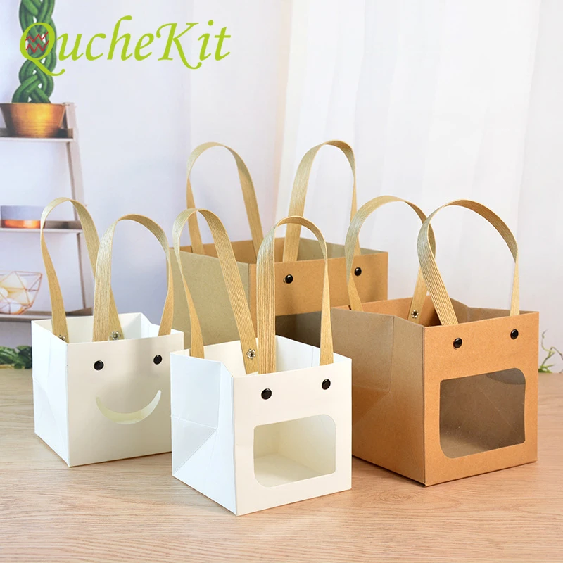 

10Pcs Square Smile Gift Bags Kraft Paper Packaging Bags With Window Handle Birthday Party Wedding Gift Souvenirs Bag For Guest