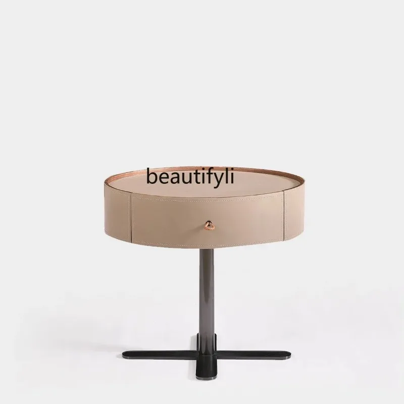B73 Italian Minimalist Saddle Leather Bedside Table Round Solid Wood Bedside Cabinet Light Luxury Bedroom Small Side Table High-