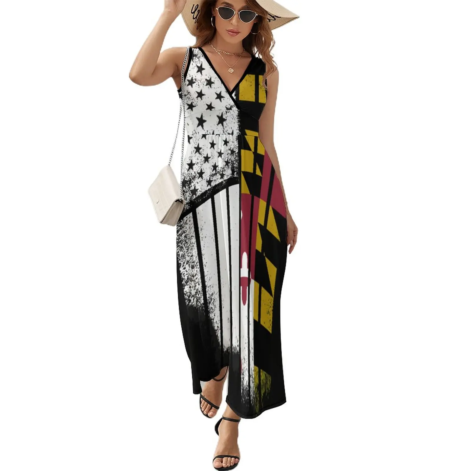 

USA Vintage Maryland State Flag Dress WomanCute Maxi Dress V Neck High Waist Street Style Custom Boho Beach Long Dresses