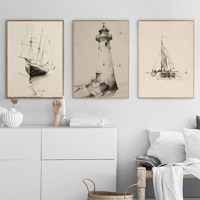 1PCS frameless Vintage Navigation Sketch Coastal Sailing Lighthouse Art Poster Canvas Printed Mural Gallery Living Room Bedroom