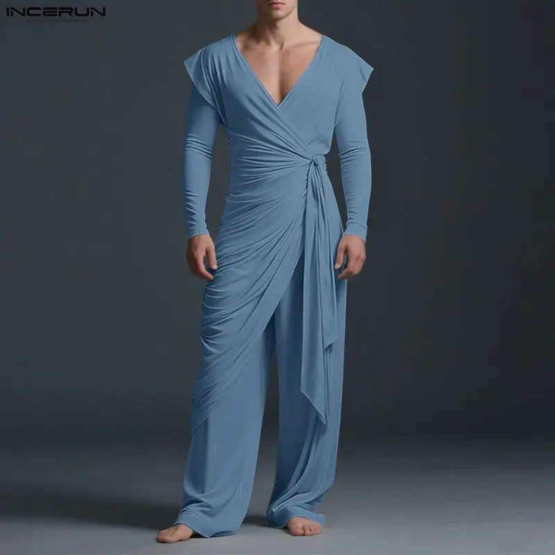 INCERUN مجموعات الرجال الصلبة مطوي الخامس الرقبة طويلة الأكمام نمط طويل قميص وسراويل قطعتين مجموعات الشارع الشهير موضة الرجال الدعاوى غير رسمية