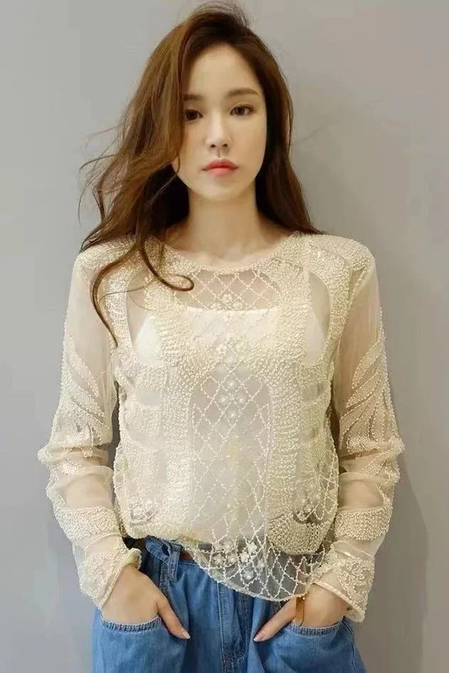 sexy transparent mesh t shirts women bead work party tops femme  t shirt for women