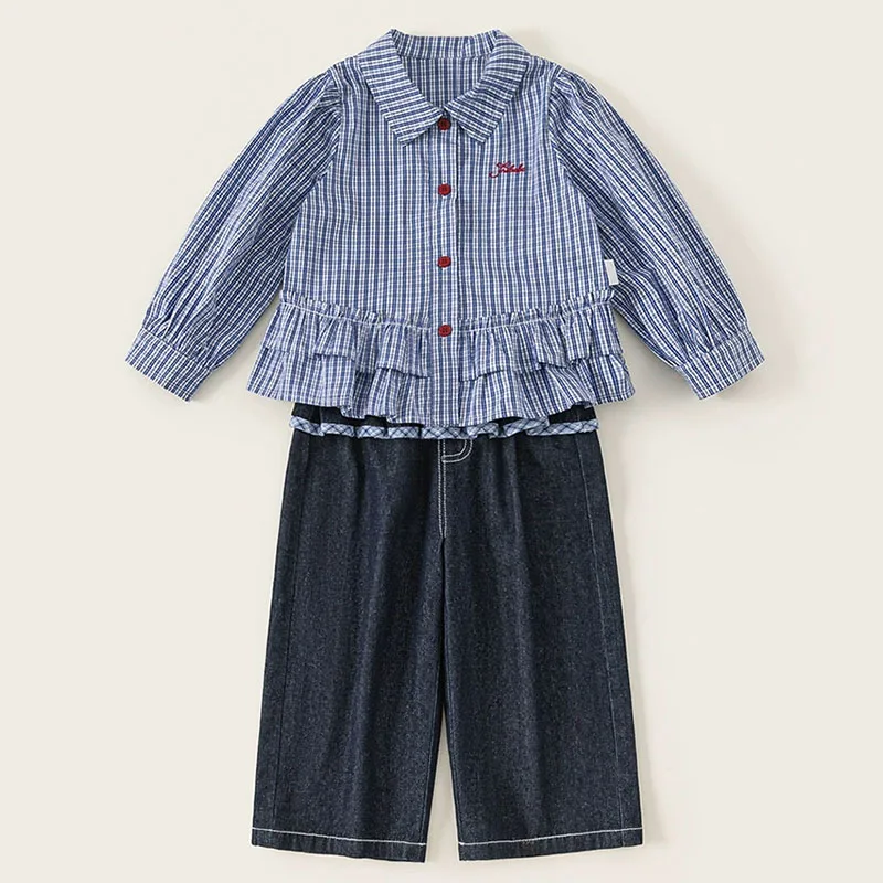

2 Piece Set 2026 Spring Autumn Toddlers Boys Clothing Korean Fashion Blue Plaid Cotton Long Sleeve Tops+Jeans Kids Clothes B249