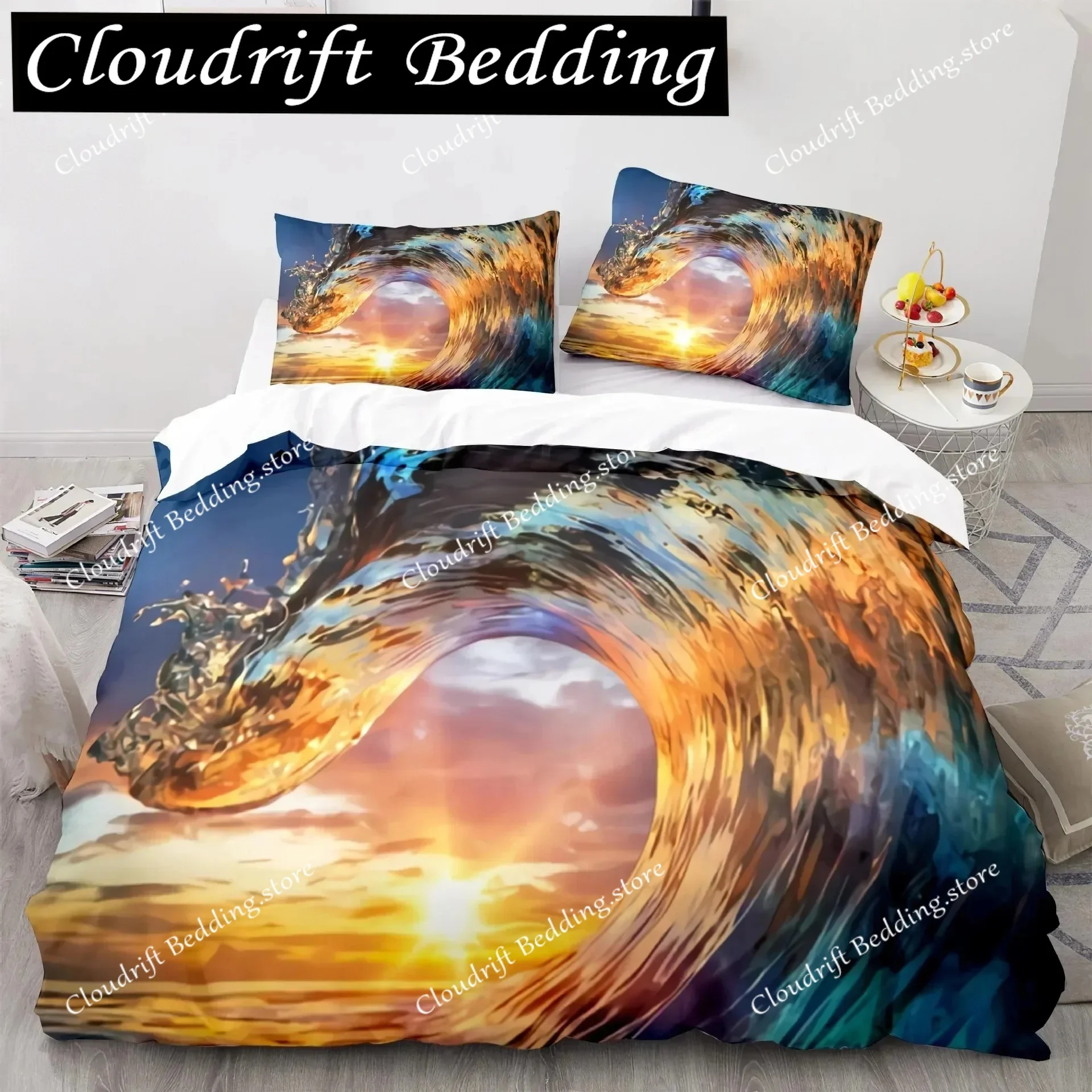 

3D Print Wave Duvet Cover Set,Sea Ocean Nautical Bedding Set Sailboat Comforter Cover,Queen King Full Twin Polyester Quilt Cover