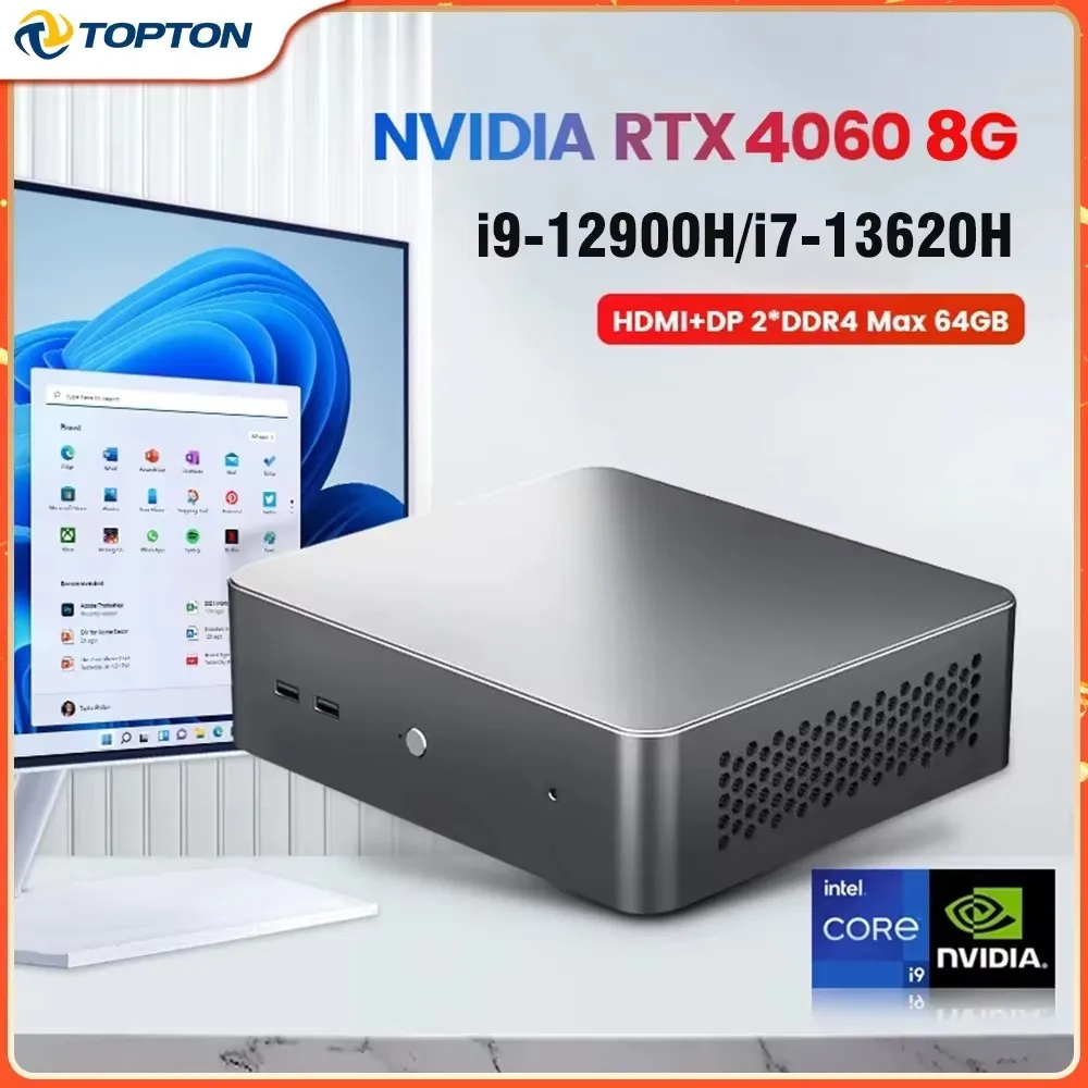 TOPTON 데스크탑 컴퓨터 게이밍 PC, NVIDIA RTX 4060, 8G, 인텔 i9, 12900H, i7, 13620H, DDR4, NVMe SSD, 윈도우 11, 2 * HD DP, WiFi6