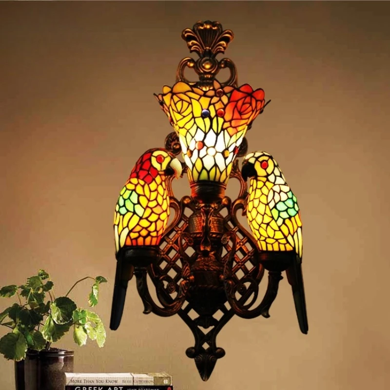 American Retro Colorful Glass Parrot Wall Lamps LED Light Personality Living Room Bedroom Restaurant Corridor Iron Art Sconces