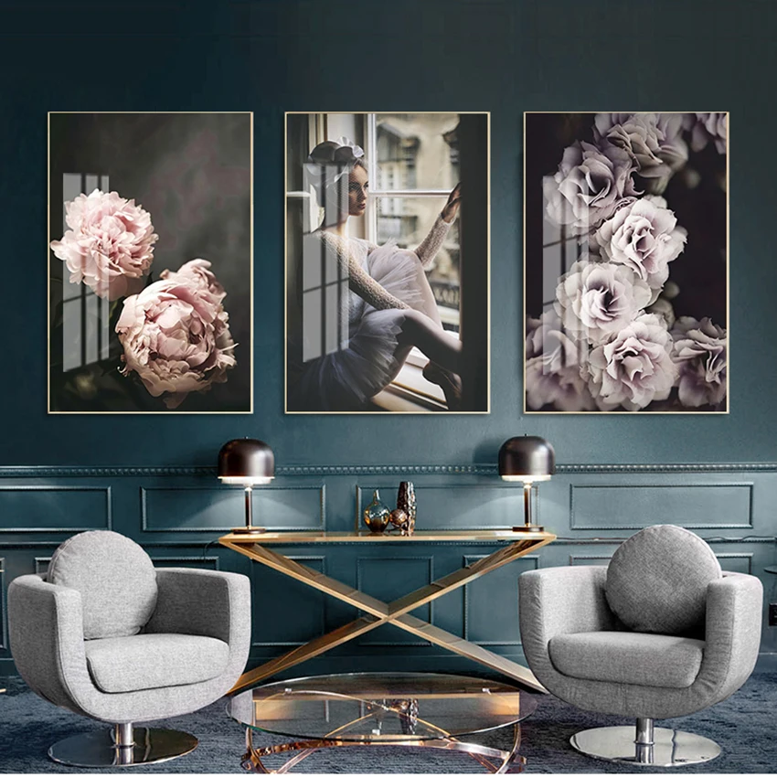 Print Interior Living Room Home Decor No Frame Pink Peony Floral Girl Footprints Canvas Painting Wall Art Pictures Poster